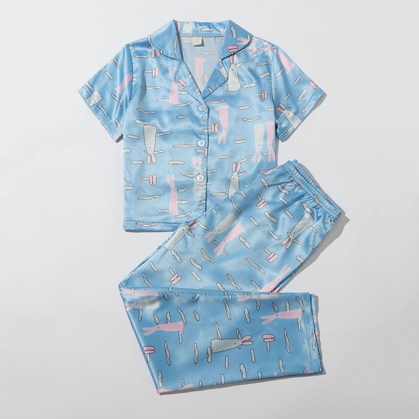 

Girls Cartoon Graphic Satin Pants PJ Set, Baby blue