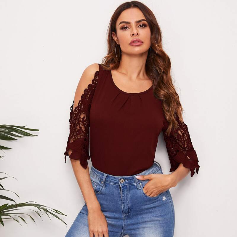 

Cold Shoulder Guipure Lace Sleeve Blouse, Maroon