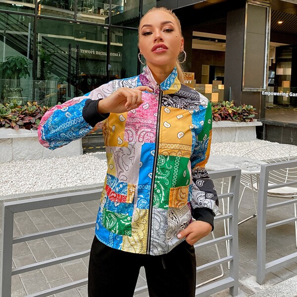 

Paisley Print Patchwork Zip-up Jacket, Multicolor