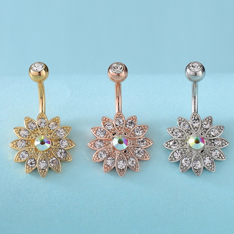 

3pcs Rhinestone Flower Belly Bar, Multicolor