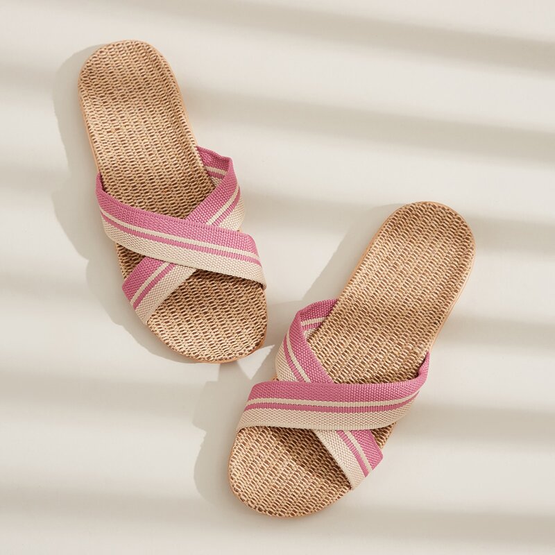 

Striped Cross Strap Slippers, Pink