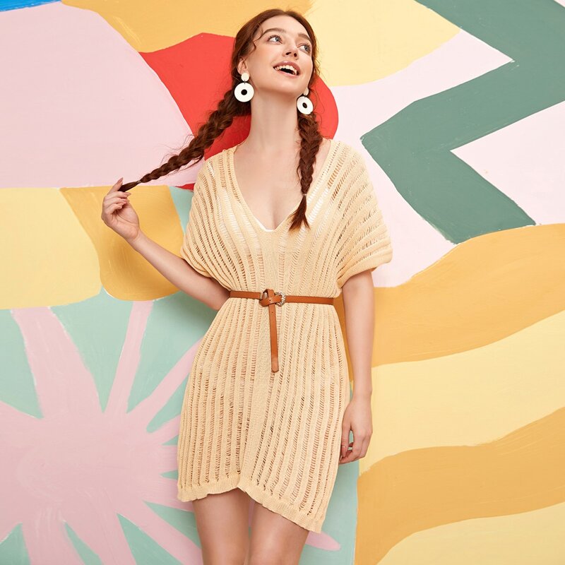 

Slit Hem Hollow Out Cover Up Without Belt, Apricot