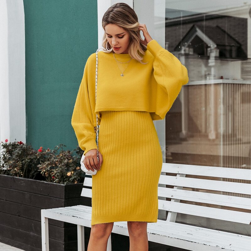 

Solid Rib-knit Dress With Sweater, Yellow