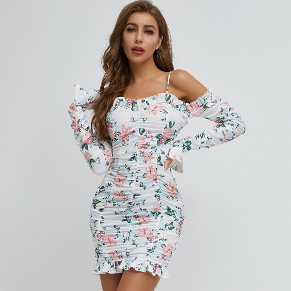 

Cold Shoulder Ruched Floral Print Dress, Multicolor