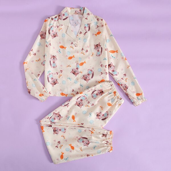

Girls Cartoon Graphic Pants PJ Set, Beige