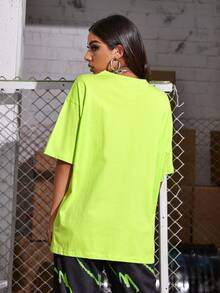 Camiseta con estampado de letra china de hombros caídos de lima neón - Verde Lima - Ver 2