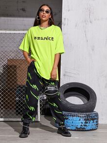 Camiseta con estampado de letra china de hombros caídos de lima neón - Verde Lima - Ver 3