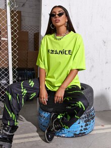 Camiseta con estampado de letra china de hombros caídos de lima neón - Verde Lima - Ver 5