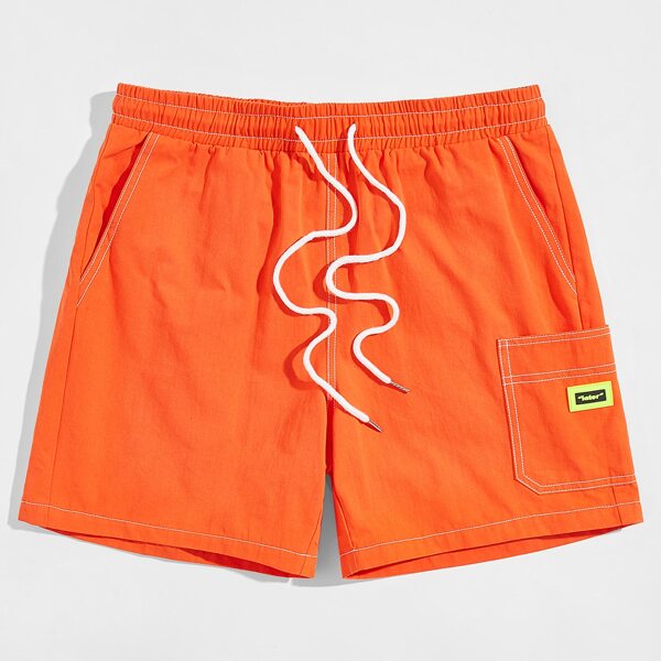

Men Drawstring Waist Patched Detail Contrast Stitch Shorts, Orange neon
