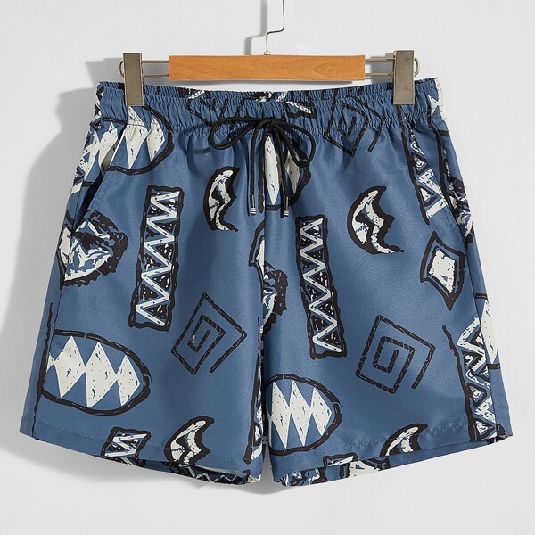 

Men Drawstring Waist Graphic Print Shorts, Dusty blue