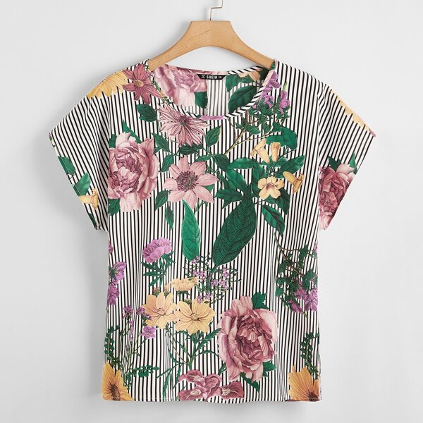 

Plus Floral and Striped Top, Multicolor