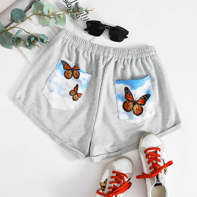 

Butterfly Print Patch Pocket Shorts, Light grey