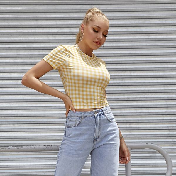 

Mock Neck Gingham Crop Tee, Yellow