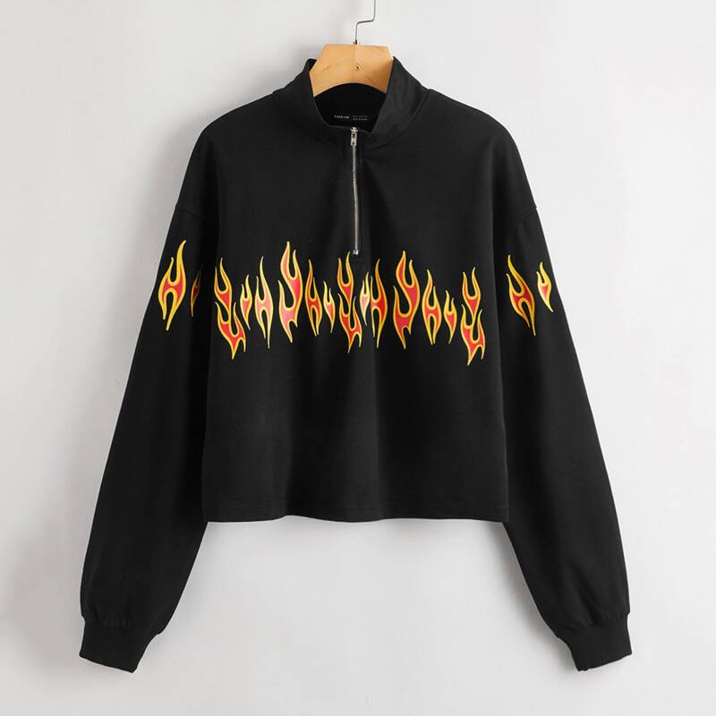 

Fire Print Zip Half Placket Sweatshirt, Black