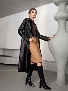 SHEIN Double Button Belted PU Leather Coat - Black - View 3