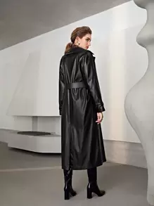 SHEIN Double Button Belted PU Leather Coat - Black - View 2