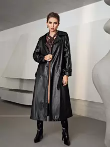 SHEIN Double Button Belted PU Leather Coat - Black - View 1