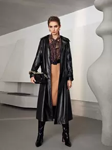 SHEIN Double Button Belted PU Leather Coat - Black - View 4