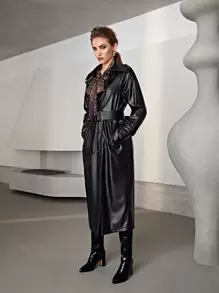 SHEIN Double Button Belted PU Leather Coat - Black - View 6