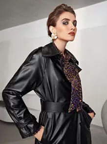 SHEIN Double Button Belted PU Leather Coat - Black - View 7