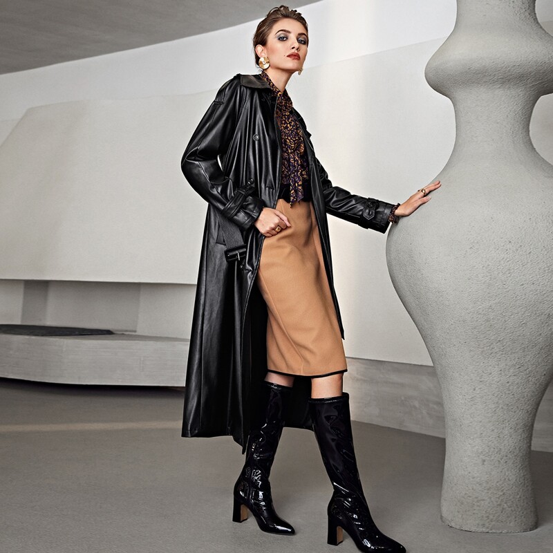 

Double Button Belted PU Leather Coat, Black