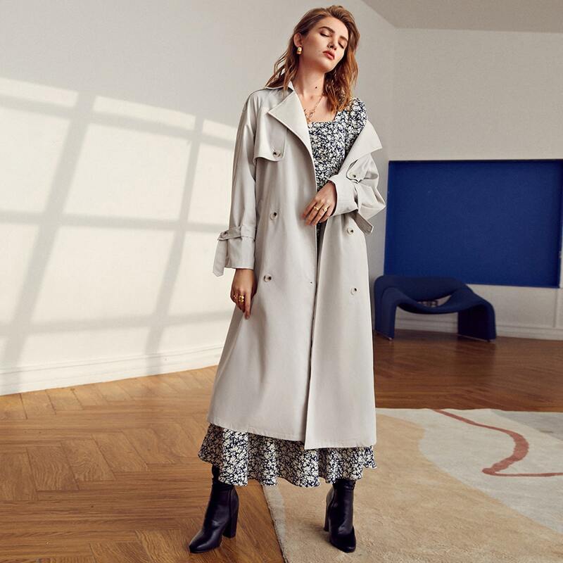 

Double Breasted Buckle Belted Trench Coat, Light grey