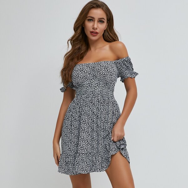 

Off Shoulder Tie Back Ditsy Floral Dress, Blue and white