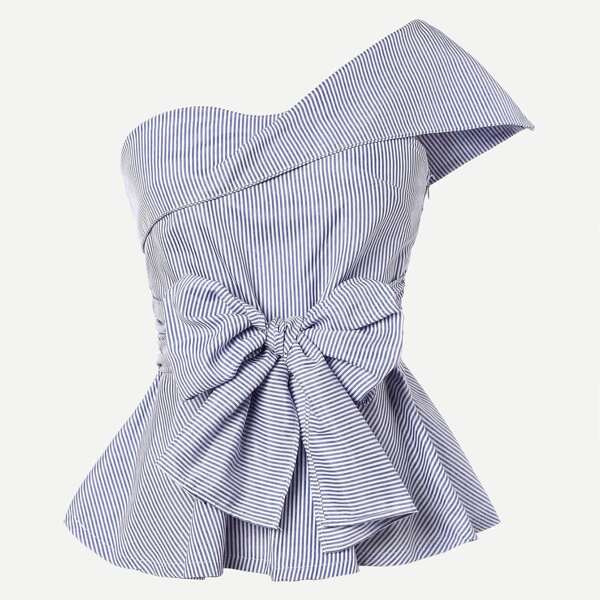 

One Shoulder Big Bow Striped Peplum Top, Blue and white