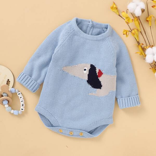 

Baby Boy Cartoon Dog Knit Bodysuit, Dusty blue