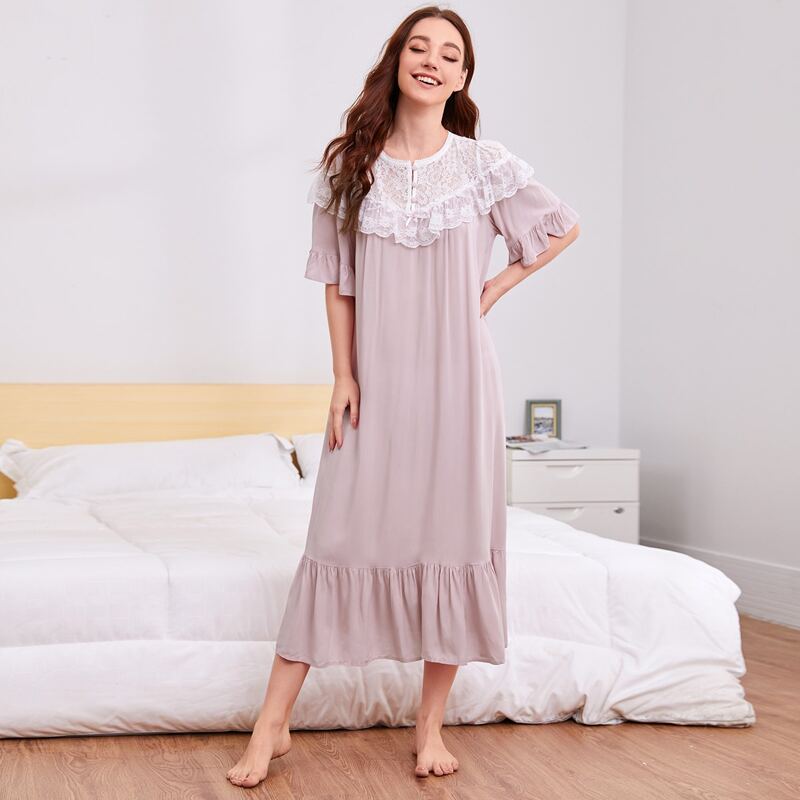 

Contrast Lace Ruffle Hem Chiffon Nightgown, Dusty pink