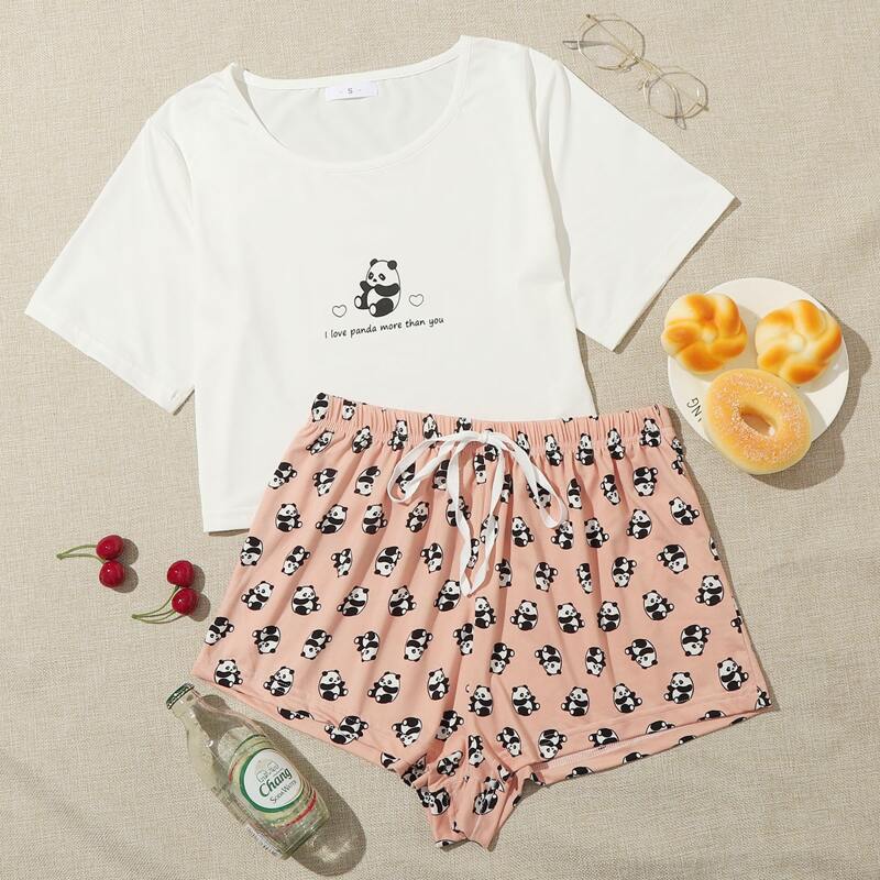 

Cartoon Panda Print Tie Front PJ Set, Multicolor