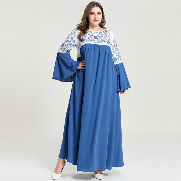 

Plus Floral Embroidery Color Block Dress, Blue