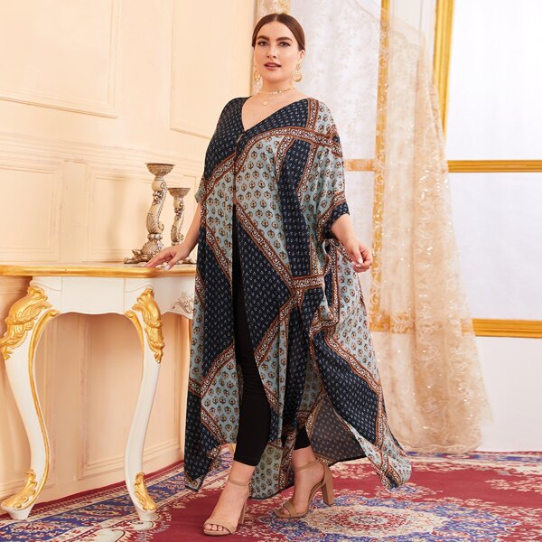 

Plus Scarf Print Button Front Kimono, Multicolor