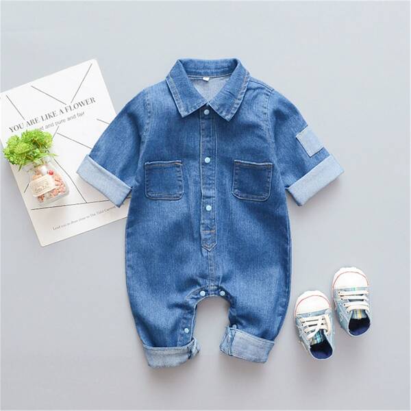 

Baby Girl Dual Pocket Denim Jumpsuit, Medium wash