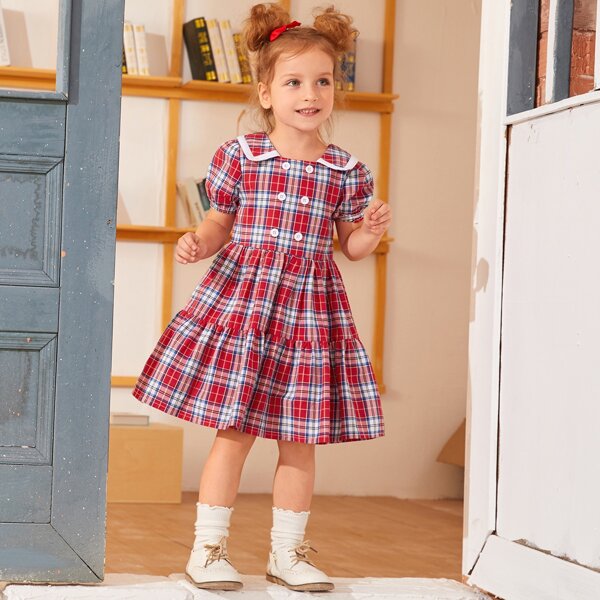 

Toddler Girls Ruffle Hem Plaid Dress, Red