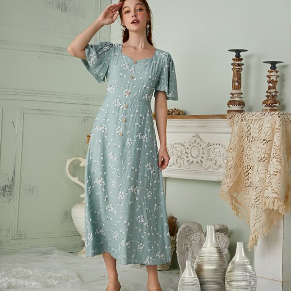 

Ditsy Floral Print Sweetheart Neck Butterfly Sleeve Dress, Mint green