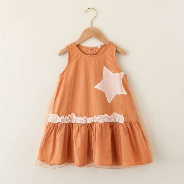 

Toddler Girls Star Print Ruffle Hem Mesh Overlay Dress, Orange