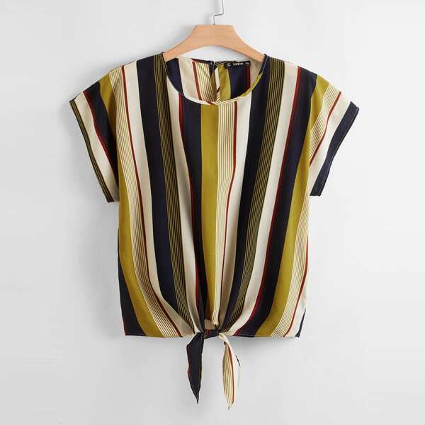 

Plus Batwing Sleeve Knot Hem Striped Top, Multicolor