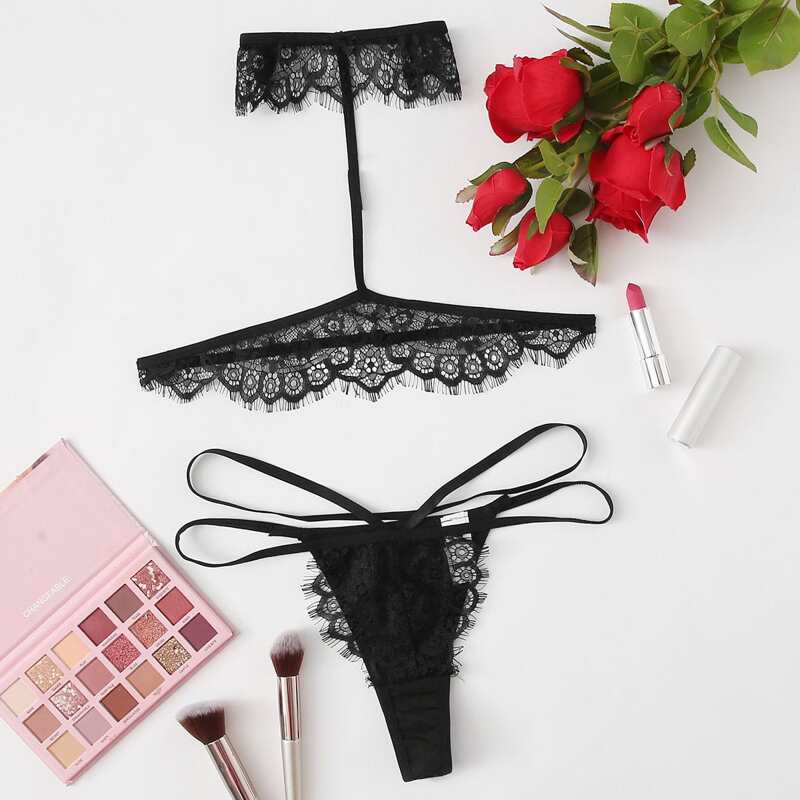 

Cut Out Eyelash Lace Lingerie Set, Black