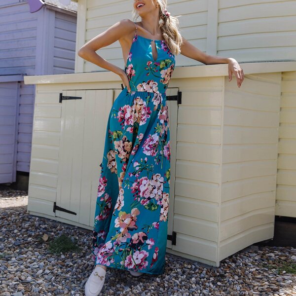 

Keyhole Neck Floral Print Satin Slip Dress, Cadet blue