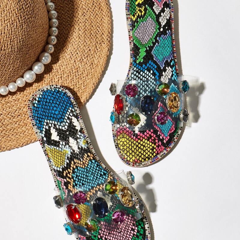 

Gemstone Decor Snakeskin Slide Sandals, Blue