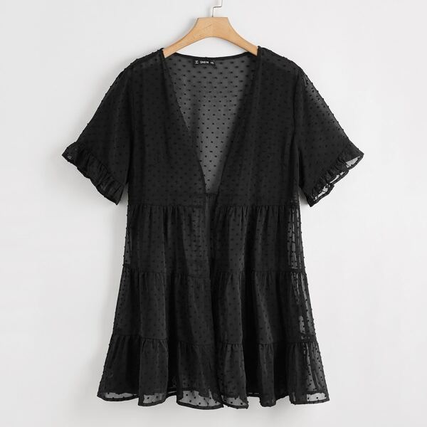 

Plus Ruffle Cuff Tiered Detail Swiss Dot Chiffon Kimono, Black