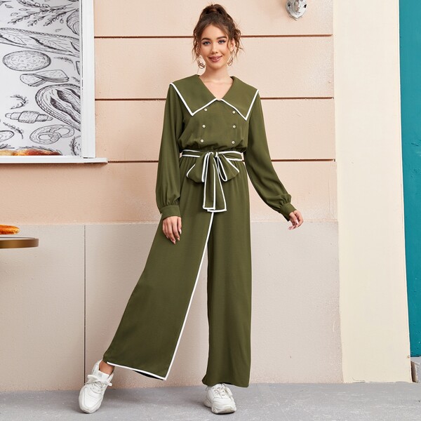 

Contrast Binding Double-breasted Self Belt Wide Leg Jumpsuit, Army green