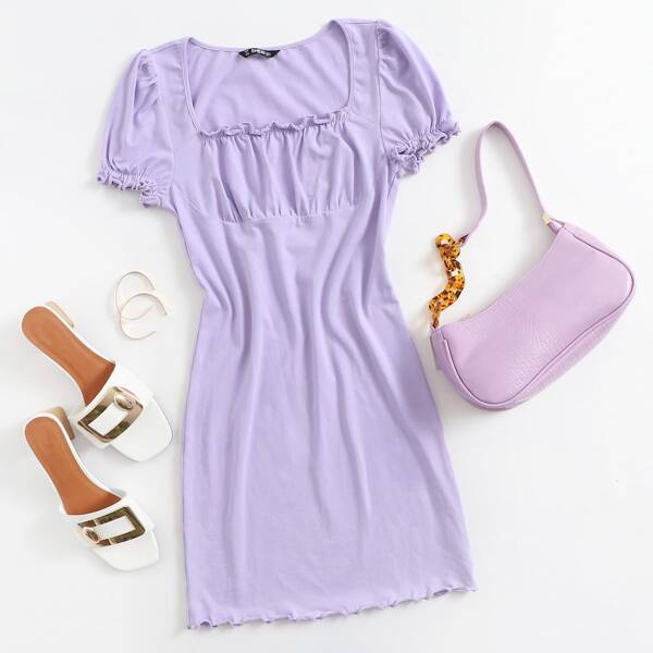 

Plus Square Neck Frill Trim Bodycon Dress, Lilac purple