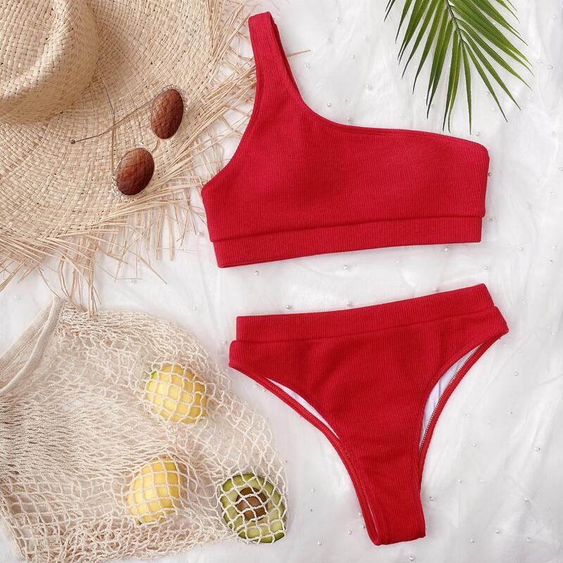 

Rib One Shoulder Bikini Swimsuit, Red