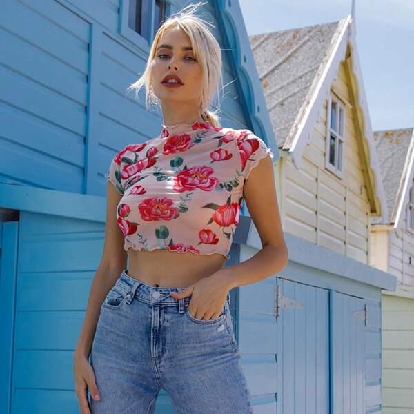 

Lettuce Trim Floral Mesh Crop Top, Dusty pink