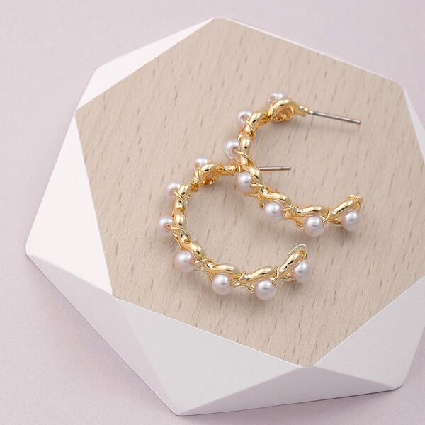 

1pair Pearl Detail Open Hoop Earrings, White