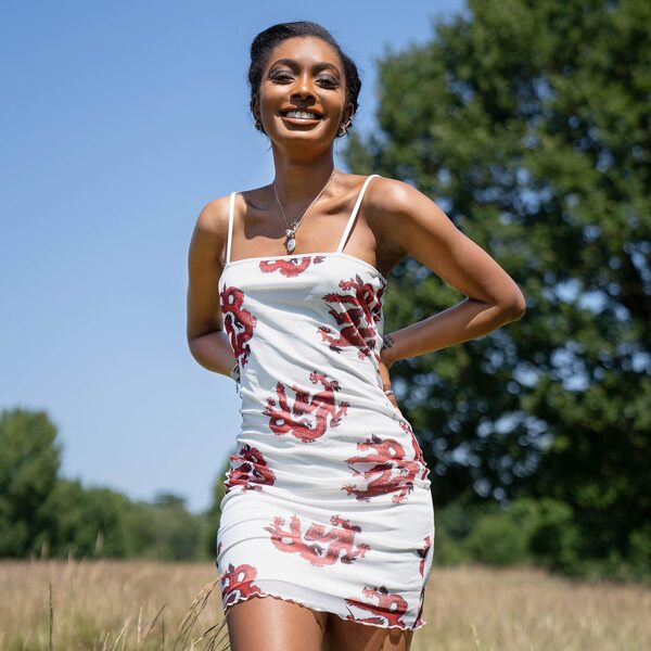 

Dragon Print Mesh Bodycon Dress, White