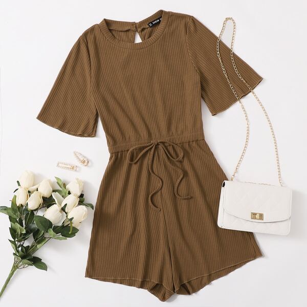 

Keyhole Back Tie Waist Rib-knit Tee Romper, Mocha brown