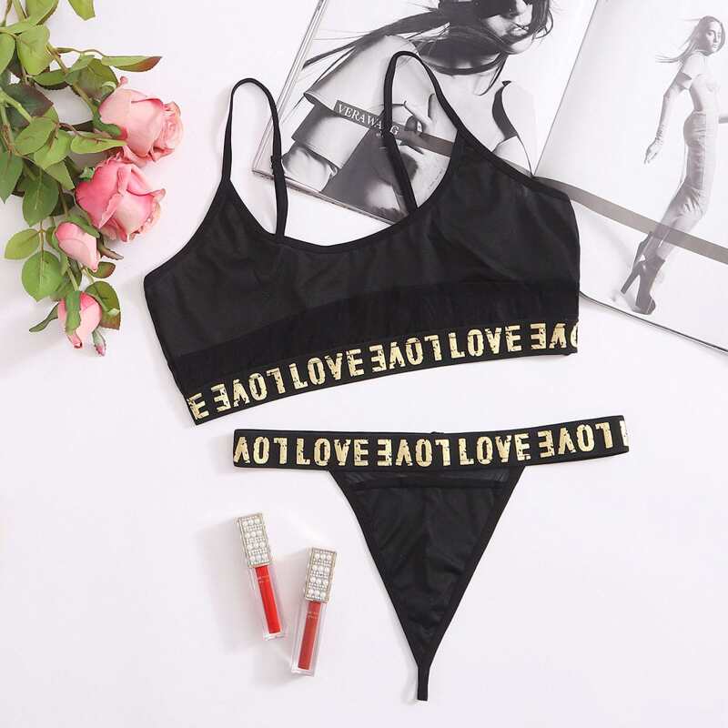 

Letter Tape Sheer Thong Lingerie Set, Black
